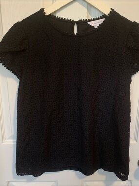 Liz Claiborne Black Crochet Short Sleeve Blouse with Pom-Pom Trim